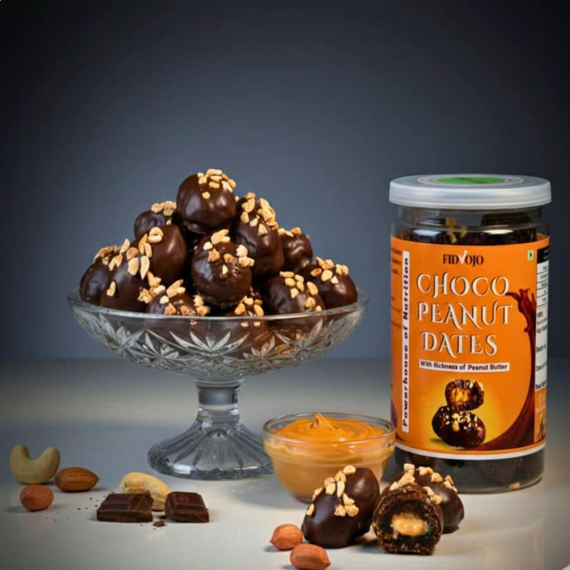 FIDVOJO Choco Peanut Dates - No Added Sugar Dark Chocolate Coated Stuffed Dates with Crunchy Peanut Butter & Roasted Peanut Chunks | High Protein Vegan Healthy Snack & Energy Bites (250g) view 3
