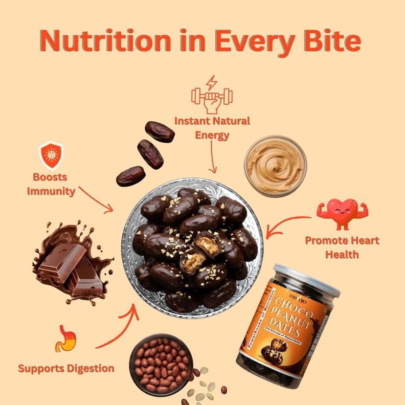 FIDVOJO Choco Peanut Dates - No Added Sugar Dark Chocolate Coated Stuffed Dates with Crunchy Peanut Butter & Roasted Peanut Chunks | High Protein Vegan Healthy Snack & Energy Bites (250g) view 6