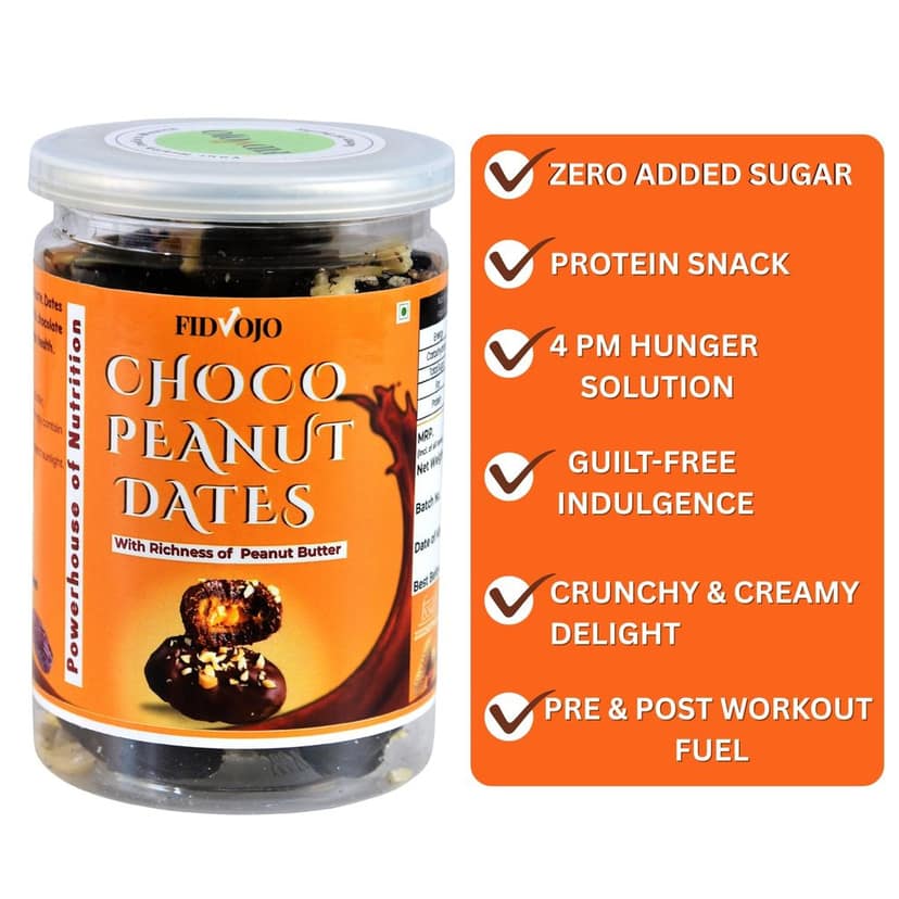 FIDVOJO Choco Peanut Dates - No Added Sugar Dark Chocolate Coated Stuffed Dates with Crunchy Peanut Butter & Roasted Peanut Chunks | High Protein Vegan Healthy Snack & Energy Bites (250g) view 8