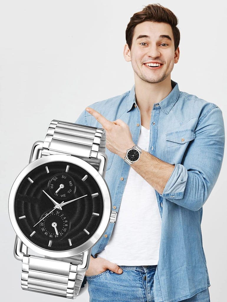 Black 3D Embossed Stainless Steel Analog Watch for Men LR120 view 6