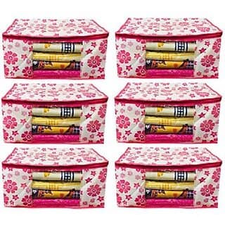 Combo of 6 Blanket Cover Pink Floral Design Underbed Storage Bag, Storage Organiser, Saree Cover (Regular Size)