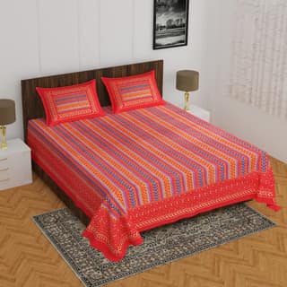 Lali Prints Red Yellow Geometric Cotton 130 TC Queen Bedsheet with 2 Pillow Covers