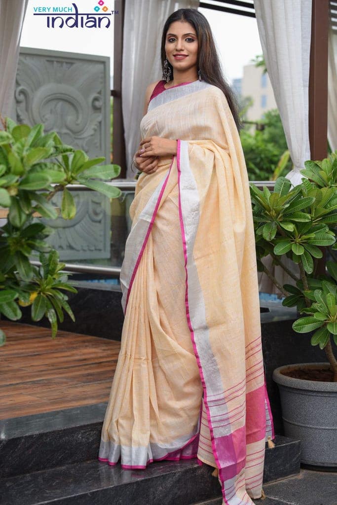 Cotton Linen Off White Weave with Pinkish White Border