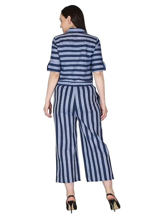 ceil Women's Shirt Collar Button Down Two Piece Top And Bottom Long Jumpsuit