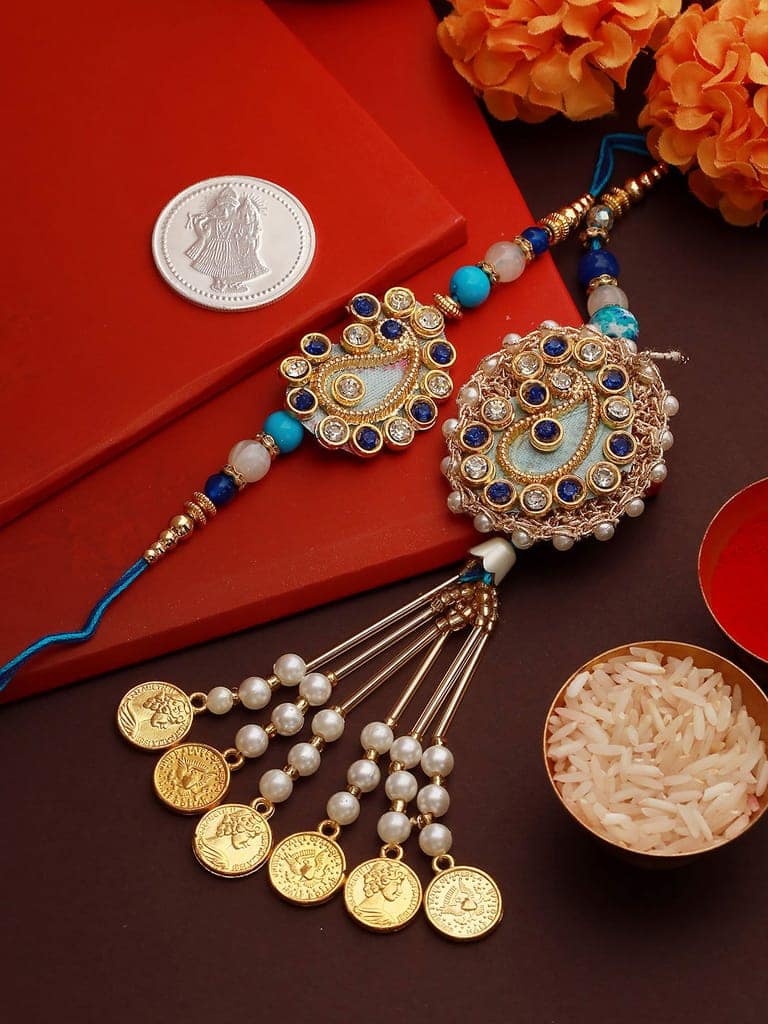Set of 2 Stone Studded Designer handcrafted Lumba Rakhi set with 10 gram Radhe Krishna round 999 Round Silver Coin view 2