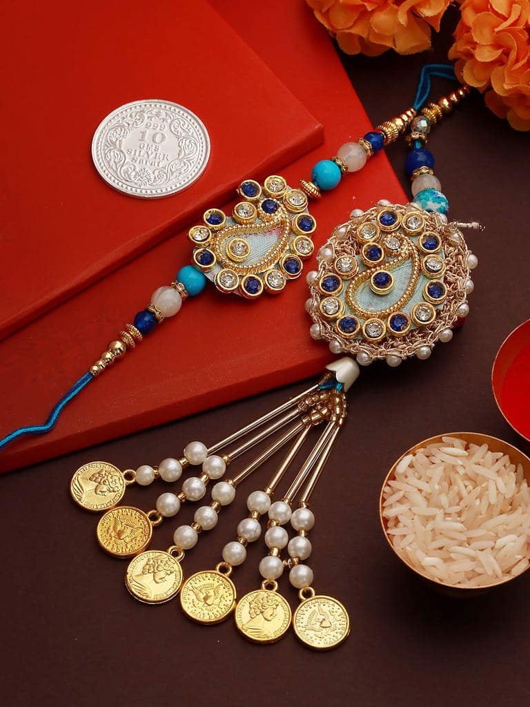 Set of 2 Stone Studded Designer handcrafted Lumba Rakhi set with 10 gram Radhe Krishna round 999 Round Silver Coin view 3