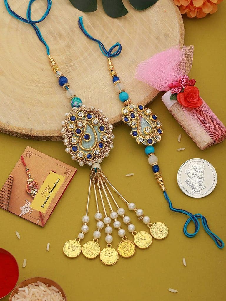 Set of 2 Stone Studded Designer handcrafted Lumba Rakhi set with 10 gram Radhe Krishna round 999 Round Silver Coin view 7