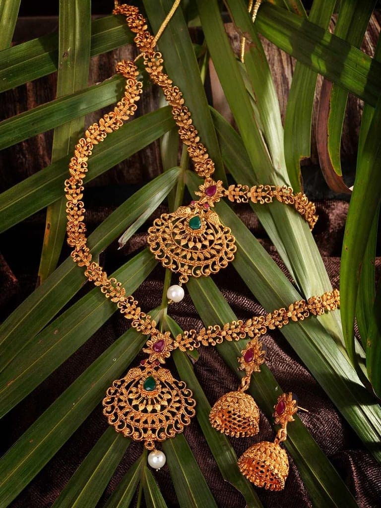 Gold Plated Grand South Indian Imitation Bridal combo Temple Jewellery Set view 2