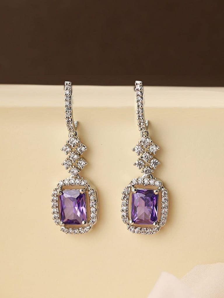 Silver Plated Lavender AD studded Minimal Officewear Drop Earrings view 2
