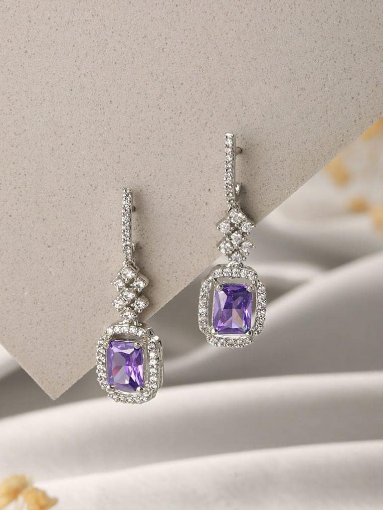 Silver Plated Lavender AD studded Minimal Officewear Drop Earrings view 3