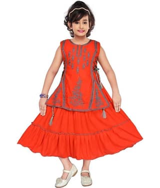M.MONGELA DRESSES Cotton Blend Fit And Flare Dress For Girls ( Pack of 1 , Orange )