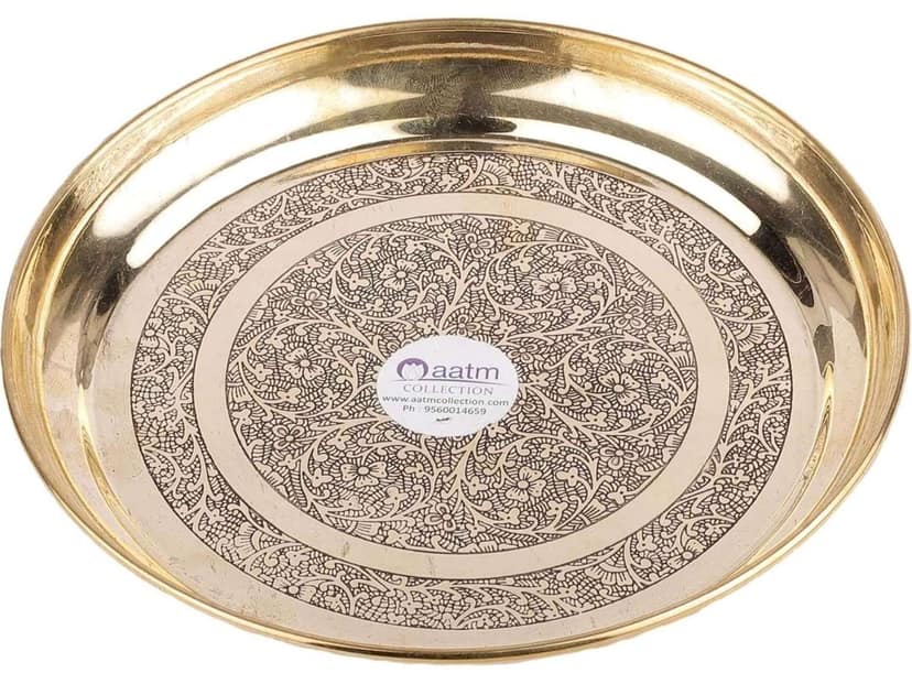 Aatm Pure Brass Embossed Flower Design Thali - 6-Inch Handmade Nakshi Plate - Puja, Dining and Decorative Tableware - Festive Gift and Home Décor