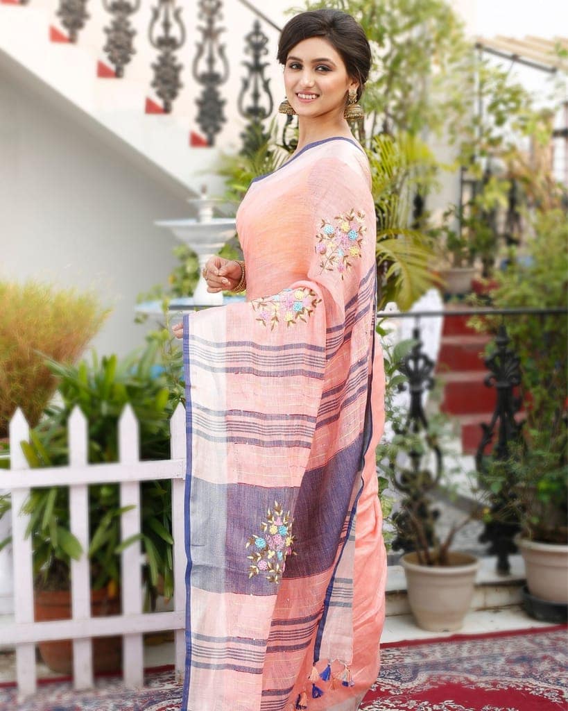 Pure Linen Floral Embroidered Peach color Saree with Embroidered Blouse-8754 view 3