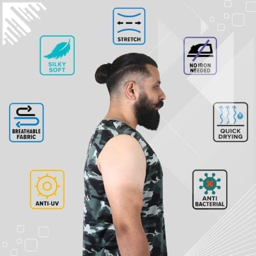 Men's Gym Sleeveless T-Shirt Camouflage Green - Drifit, Quick Dry Sports Tank Top, Sando Vest view 3