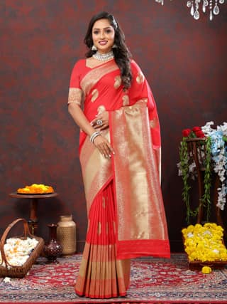 Yavira silk Women's Red Handwoven Silk Saree