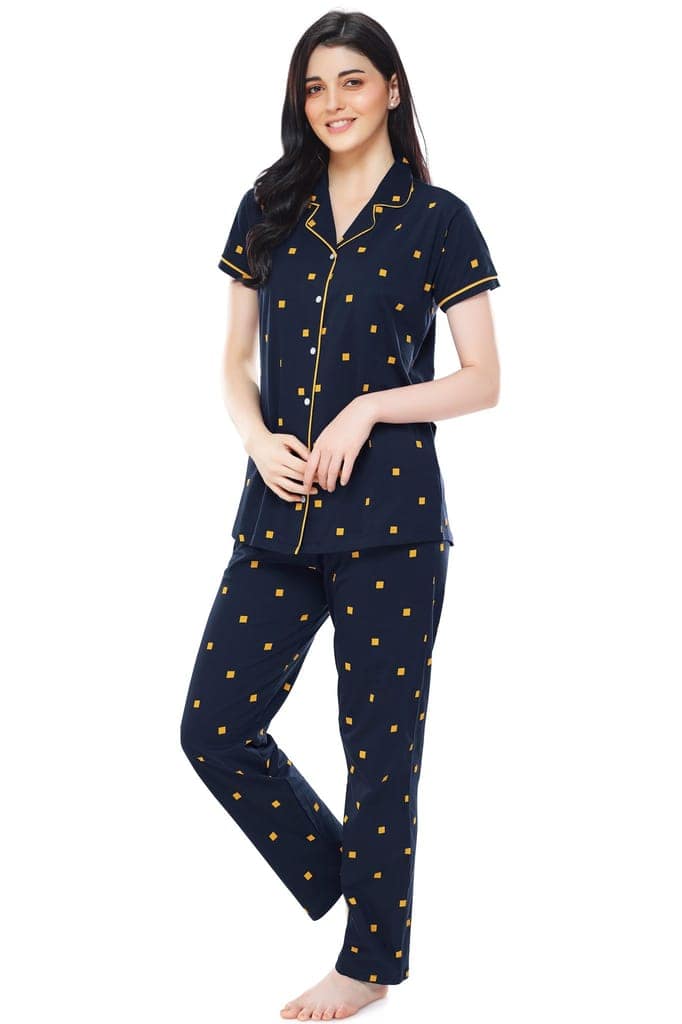 ZEYO Women's Cotton Navy Blue & Peach Square Printed Stylish Night suit set view 4