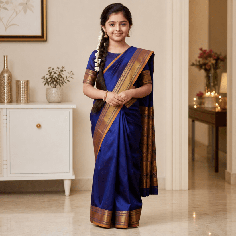 Girls Ready-to-Wear Belgaon Silk Saree with Golden Zari Border - Festive & Fancy Dress Wear view 3