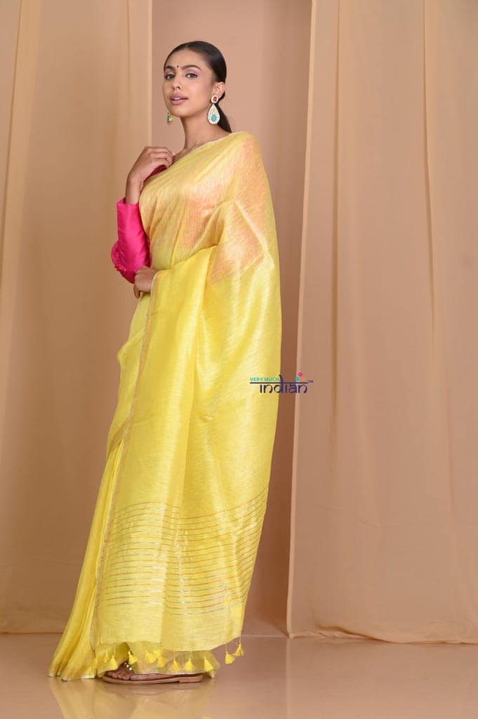 Pehal ~ Fresh Yellow Pure Linen Silk With Sleek Border view 2