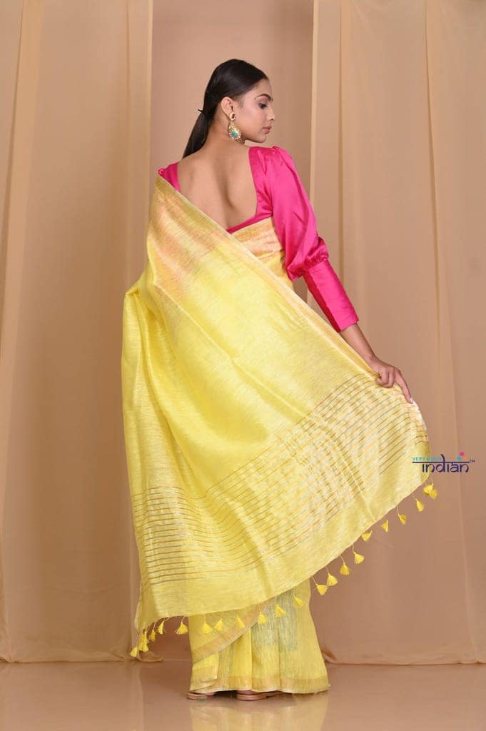 Pehal ~ Fresh Yellow Pure Linen Silk With Sleek Border view 3
