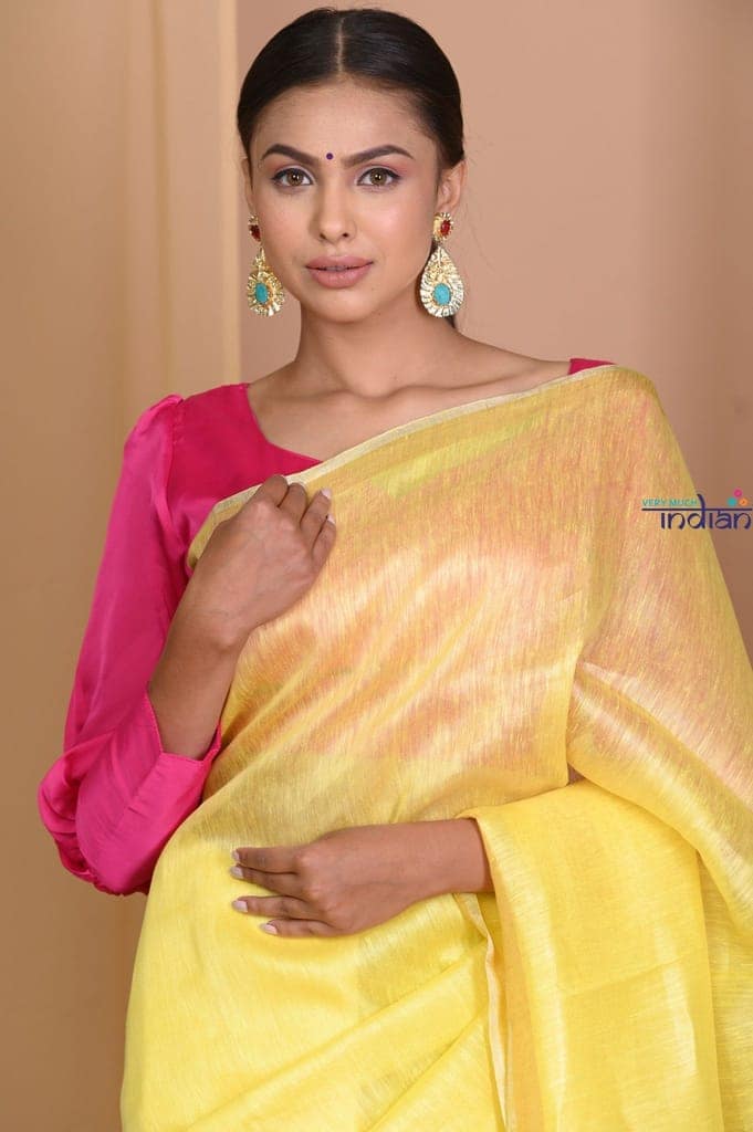 Pehal ~ Fresh Yellow Pure Linen Silk With Sleek Border view 4