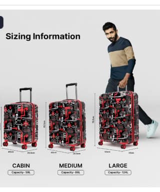 56Cms, Hardsided Cabin Trolley Bag for Travel, Eco Polycarbonate Printed Luggage, Combination Lock,8 Wheel Trolley Bag, Suitcase for Unisex, 2000 Days Warranty (Black, Spinner)