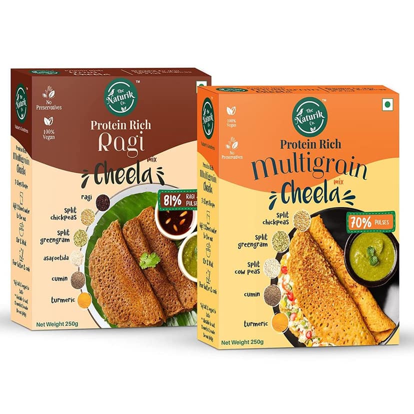 The Naturik Co Ragi and Multigrain Cheela Mix Combo - 250g each (Pack of 2), Ready to Cook Chilla/Dosa, Protein Rich Healthy Breakfast, 20% Protein, Anytime Snack for Kids and Family