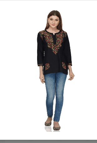 FASHION BONES Stylish Short Black Chikankari Cotton Kurti - Elegant Hand-Embroidered Indian Tunic for Women and Girls view 7