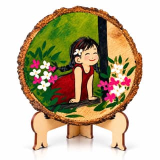 Artdora Handcrafted Mango Wood Decorative Plaque with Stand | Hand-Painted Girl & Floral Artwork | Tabletop Home Décor Showpiece