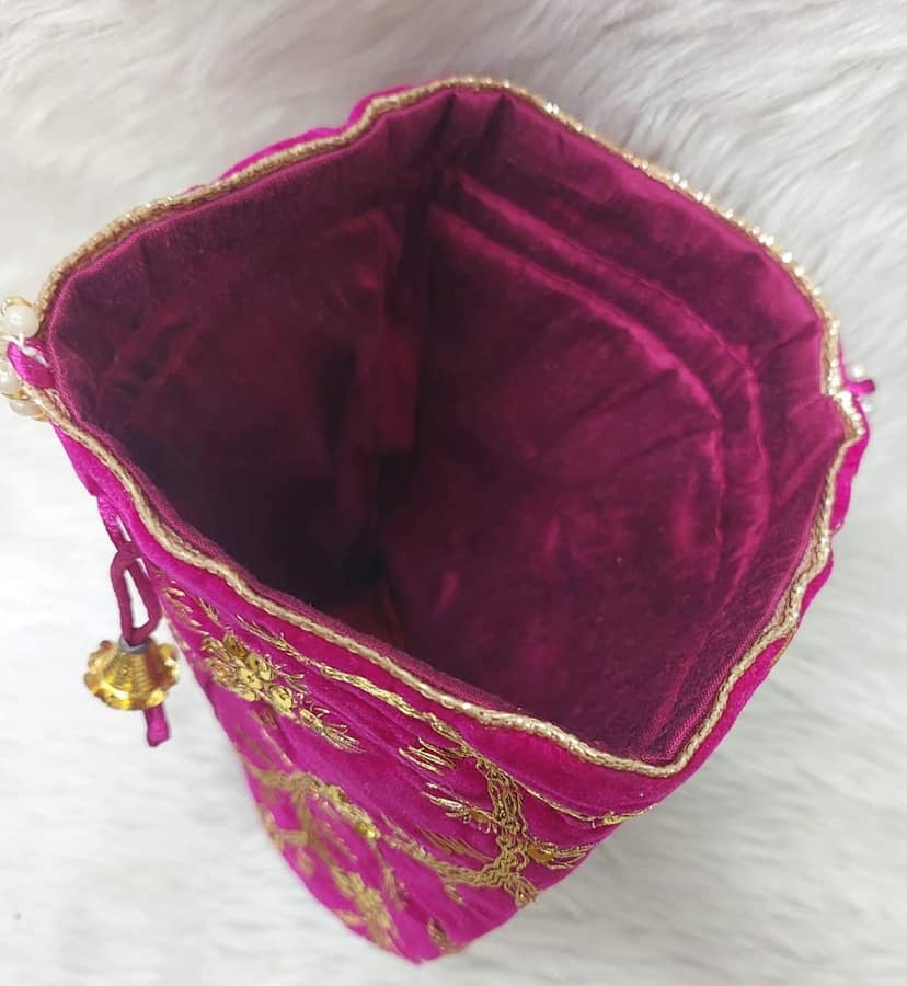 Fuchsia Velvet Embroidered Potli Bag with Pearl Handle view 3