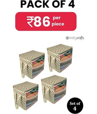 PrettyKrafts Non Woven with Plastic Saree Cover Organizer with Handles and Transparent front (Ivory Dots, XL/15 x 12 x 15 Inches) - Pack of 4