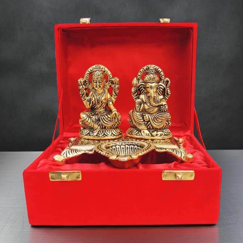 Aluminium Laxmi Ganesh Deepak Showpiece | Auspicious Diwali Puja Murti, Height : 4.2 Inch (ASMAS370 G)