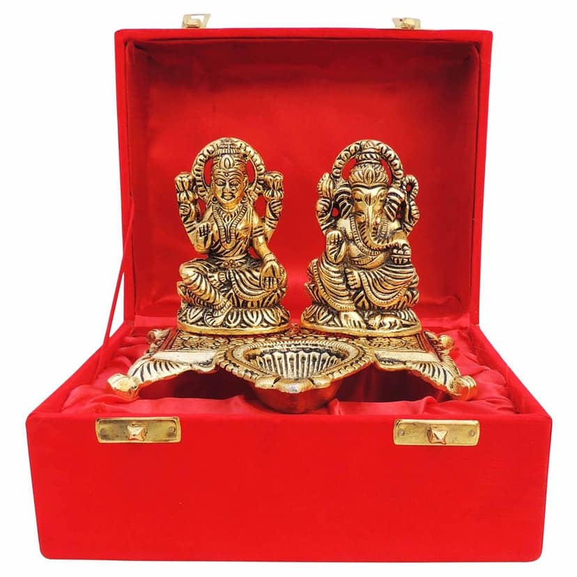 Aluminium Laxmi Ganesh Deepak Showpiece | Auspicious Diwali Puja Murti, Height : 4.2 Inch (ASMAS370 G) view 2