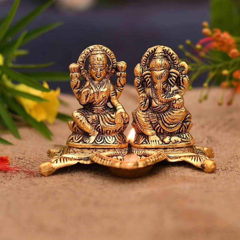 Aluminium Laxmi Ganesh Deepak Showpiece | Auspicious Diwali Puja Murti, Height : 4.2 Inch (ASMAS370 G) view 3