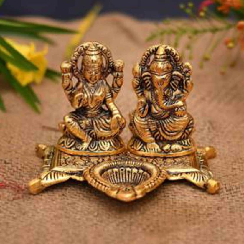Aluminium Laxmi Ganesh Deepak Showpiece | Auspicious Diwali Puja Murti, Height : 4.2 Inch (ASMAS370 G) view 4