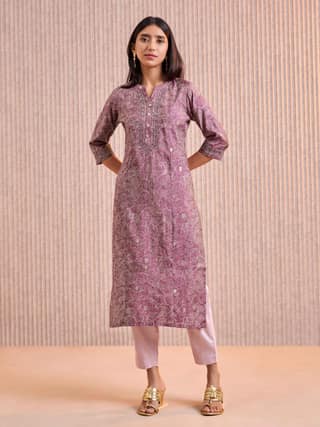 Purple Modal Chanderi Foil Printed Kurti With Cording Sequins Work