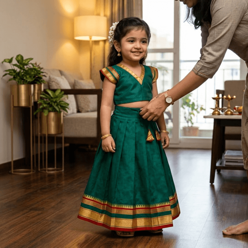 Mom and Me Girls’ Lehenga Choli/Parker Polka/Pattu Pavadai (0 Months–6 Years) | Acrylic Cotton with Soft Cotton Lining | V-Neck, Short Puff Sleeves, Zipper Closure (Green, 2-3 Y) view 3