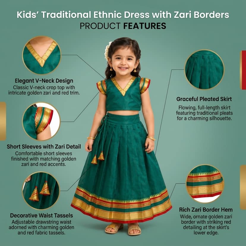 Mom and Me Girls’ Lehenga Choli/Parker Polka/Pattu Pavadai (0 Months–6 Years) | Acrylic Cotton with Soft Cotton Lining | V-Neck, Short Puff Sleeves, Zipper Closure (Green, 2-3 Y) view 4