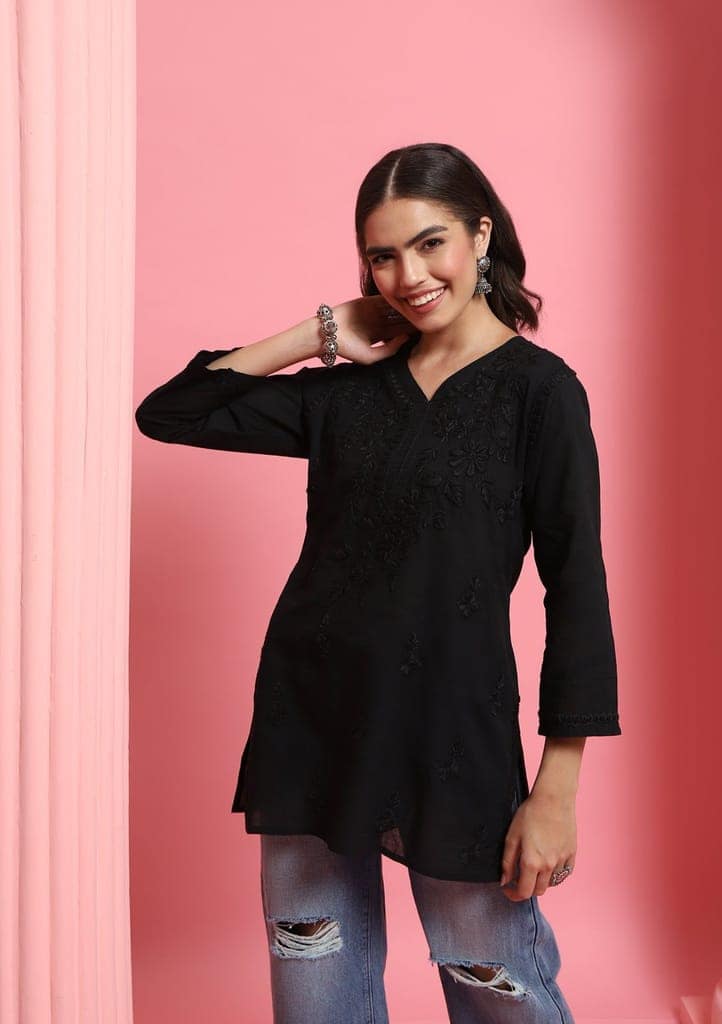 Cotton Chikankari Solid Women's Short Kurta - Black view 3