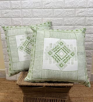Indihomecraft Hand Block Print Boho Decor Off White Cushion Covers for Sofa Chair Or Outdoor Living Room Cushions Cover, Set of 2