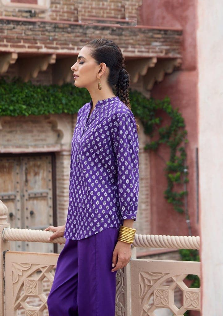 HOC Crafts Glazed Cotton Hand Block Printed with Hand Embroidery Women's 2 PC Co-ord Set - Dark Purple view 2