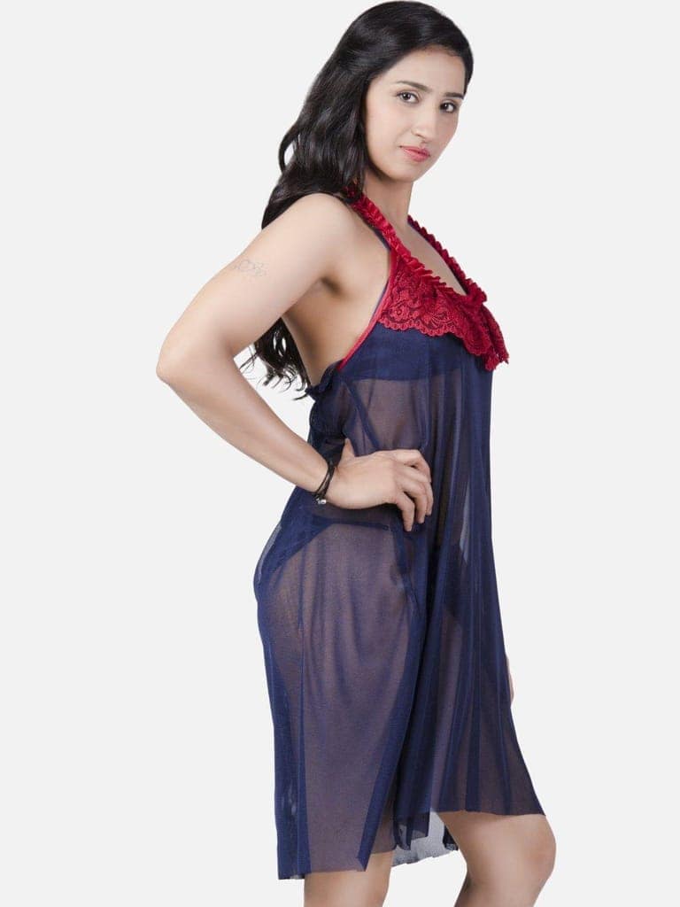 Sheer Net Hot Navy Blue Babydoll Bikini Night Dress for Honeymoon K7MN view 3
