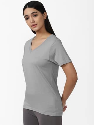 Women Solid Light Grey V Neck T-Shirts