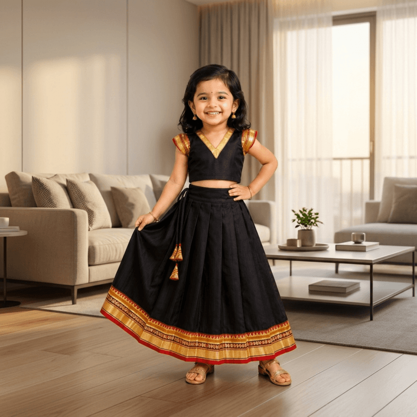 Mom and Me Girls’ Lehenga Choli/Parker Polka/Pattu Pavadai (0 Months–6 Years) | Acrylic Cotton with Soft Cotton Lining | V-Neck, Short Puff Sleeves, Zipper Closure (Black, 0-3 M) view 3