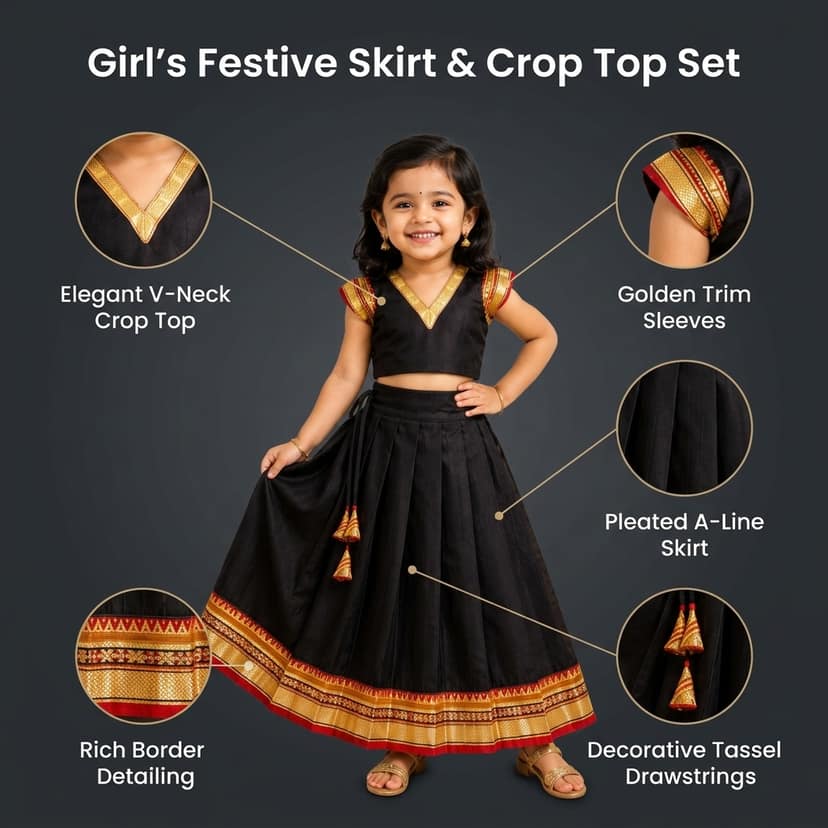 Mom and Me Girls’ Lehenga Choli/Parker Polka/Pattu Pavadai (0 Months–6 Years) | Acrylic Cotton with Soft Cotton Lining | V-Neck, Short Puff Sleeves, Zipper Closure (Black, 0-3 M) view 4