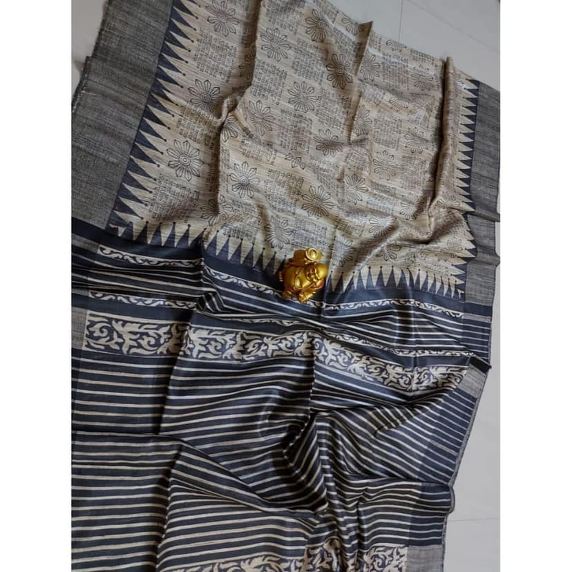Silkmark Certified Tussar Silk Handloom Handblock Printed Blue Saree with Blouse-2200
