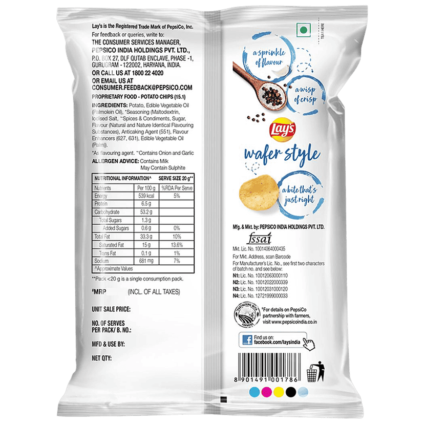 Lays Wafer Style Potato Chips - Salt With Pepper Flavour, Crispy Thin Snacks, 40 G view 2