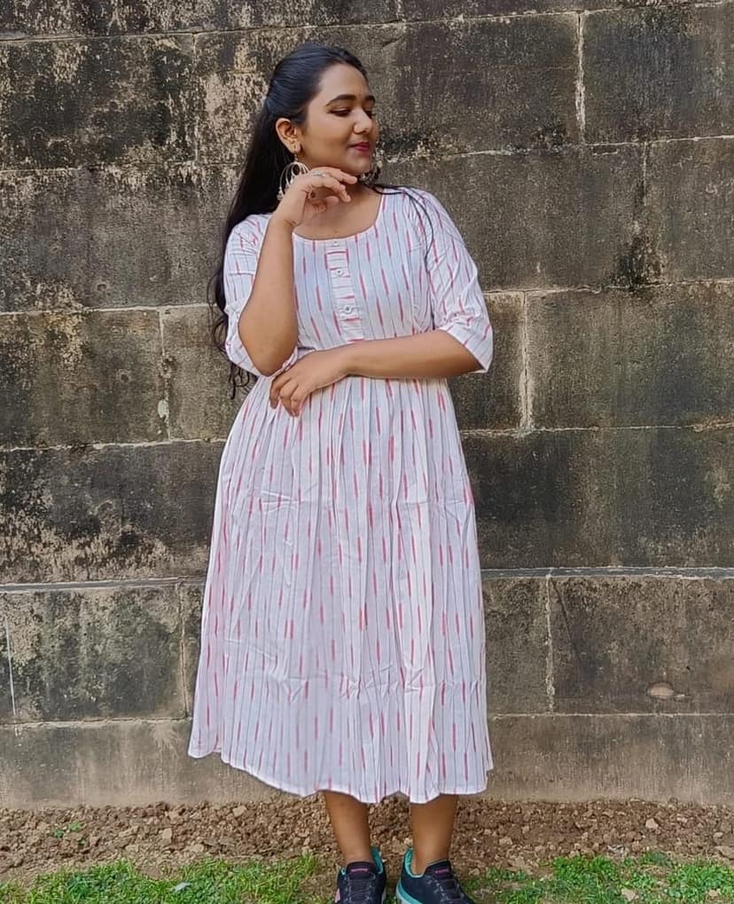 Pure Cotton Ikkat Dress White Colour (Size XXS(32) to Plus Size(56))-7723 view 2