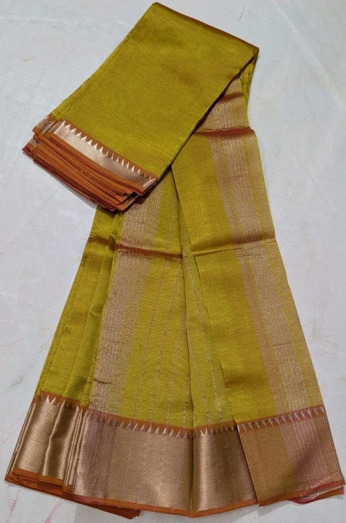 Green And Gold Silk Saree With Blouse Piece view 2