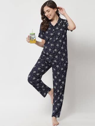 Printed Button Up Navy Nightsuit For Women With Pockets in Pyjamas N74N