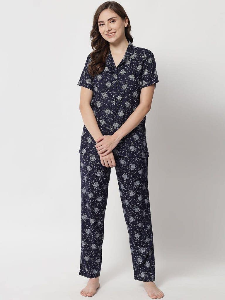 Printed Button Up Navy Nightsuit For Women With Pockets in Pyjamas N74N view 2